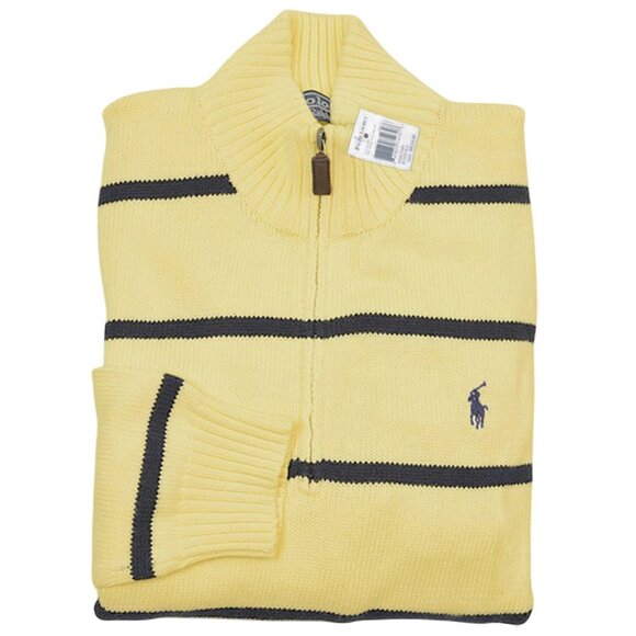 NEW Polo Ralph Lauren Sweater! M Yellow & Black Stripe Navy Polo Player Zip Neck - Picture 1 of 1